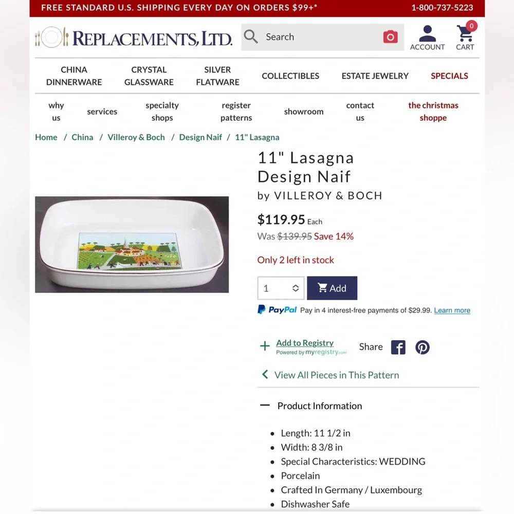 Villeroy & Boch 11” lasagna